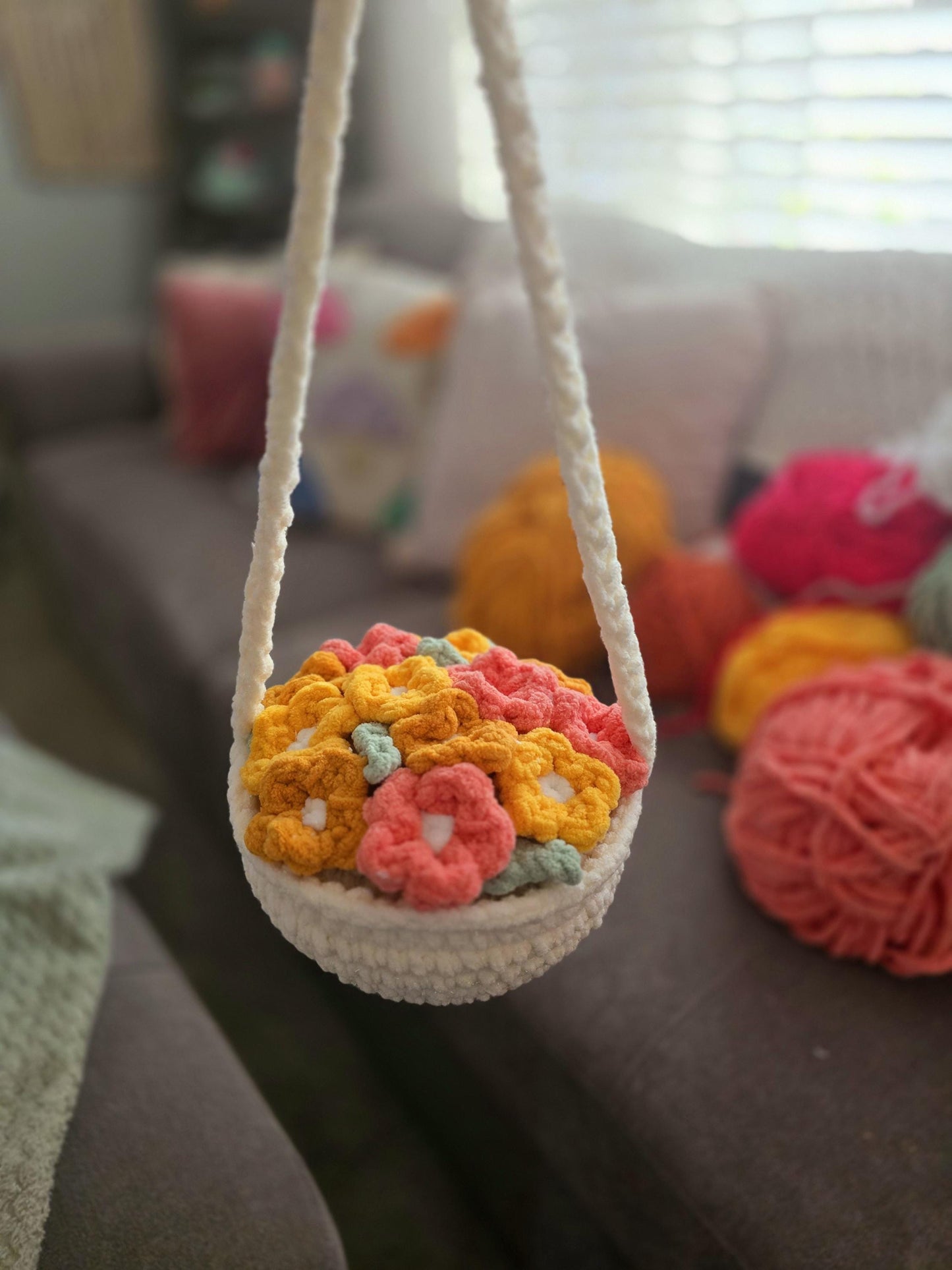 Crochet Hanging Flower Basket, Crochet Pattern, Boho Yarn, Decor, PDF Download, KnotsMerryYarn