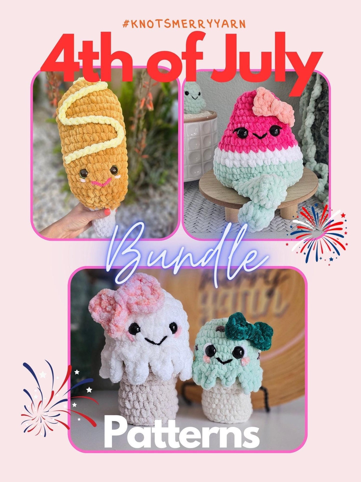 4th of July Bundle | CROCHET PATTERN | Instant Download PDF | Low Sew | Ice Cream | Watermelon | Corn Dog