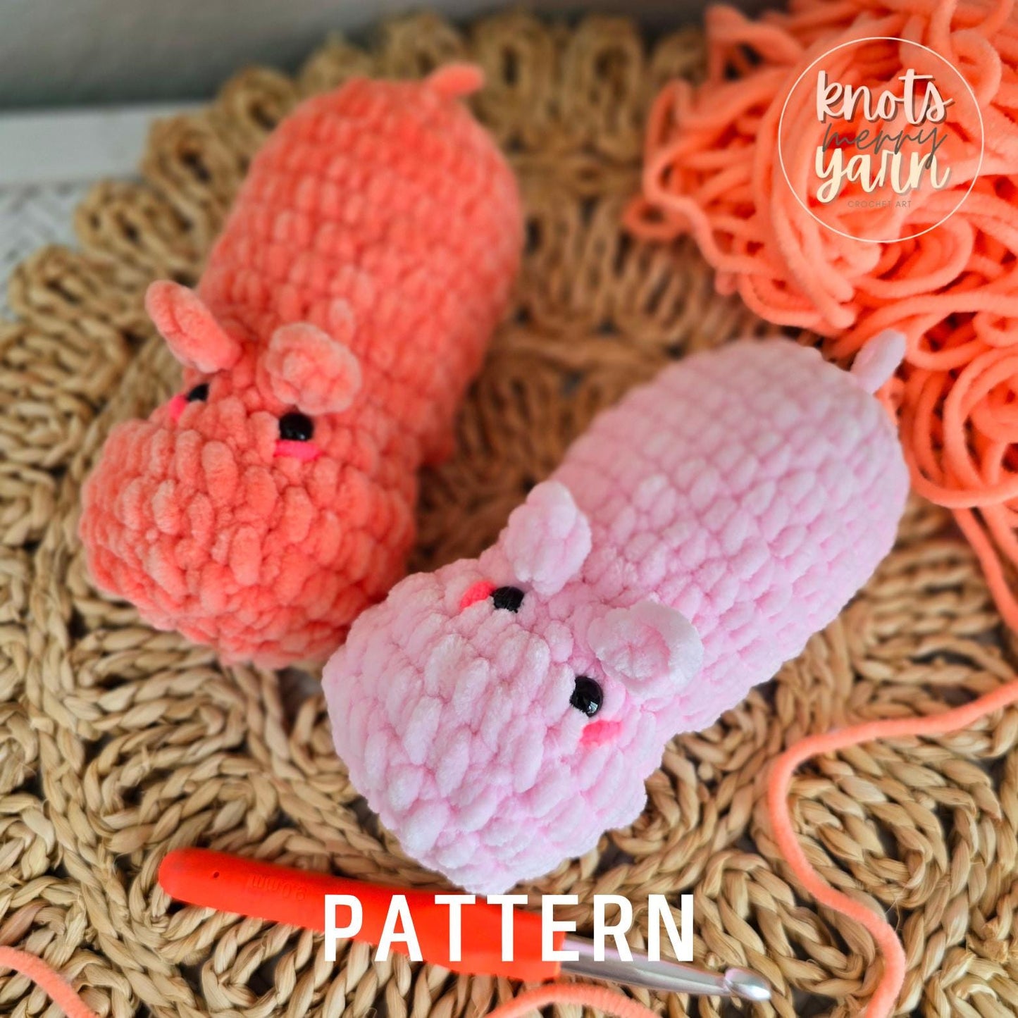 Hippo Crochet Pattern, No Sew, Amigurumi, PDF Download, KnotsMerryYarn