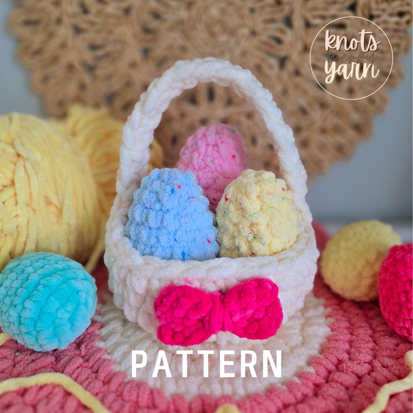 Easter Basket Crochet Pattern, No-Sew, Easter Table Decor, PDF Download, KnotsMerryYarn