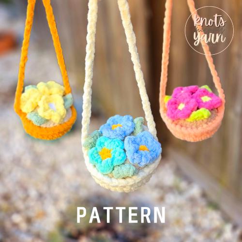 Crochet Flower Car Charm | CROCHET PATTERN | Low Sew | Instant Download PDF | Cute Boho Car Decor | Hanging Basket Car Accessory