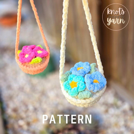 Crochet Flower Car Charm, Flower Crochet Pattern, Boho Hanging Basket, PDF Download, KnotsMerryYarn