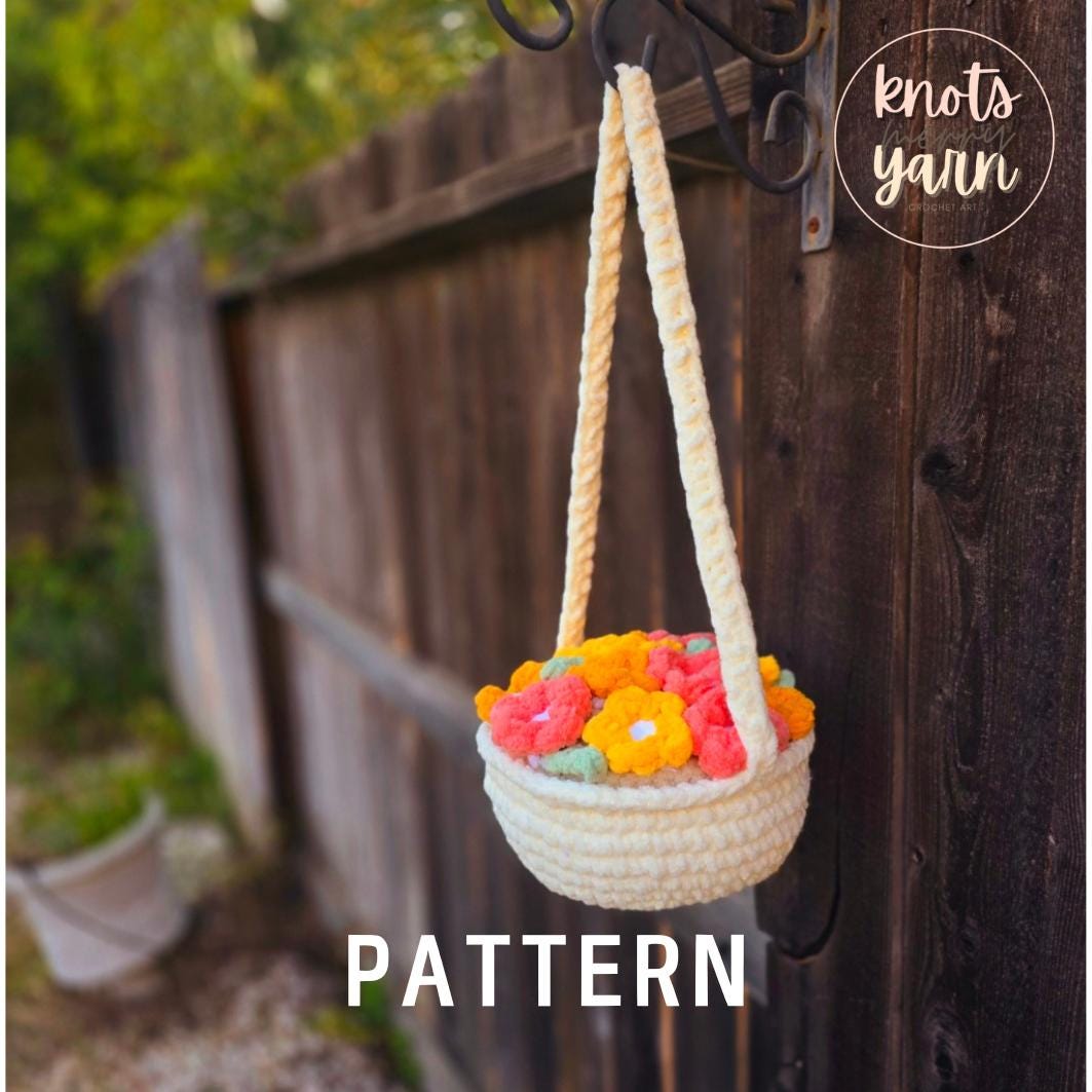 Crochet Hanging Flower Basket, Crochet Pattern, Boho Yarn, Decor, PDF Download, KnotsMerryYarn