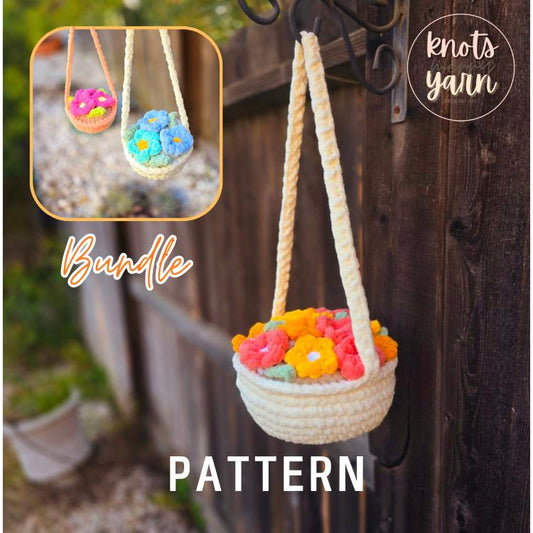 Jumbo Flower Basket Crochet Pattern, Bundle W/ Mini Hanging Car Charm, PDF Download, KnotsMerryYarn