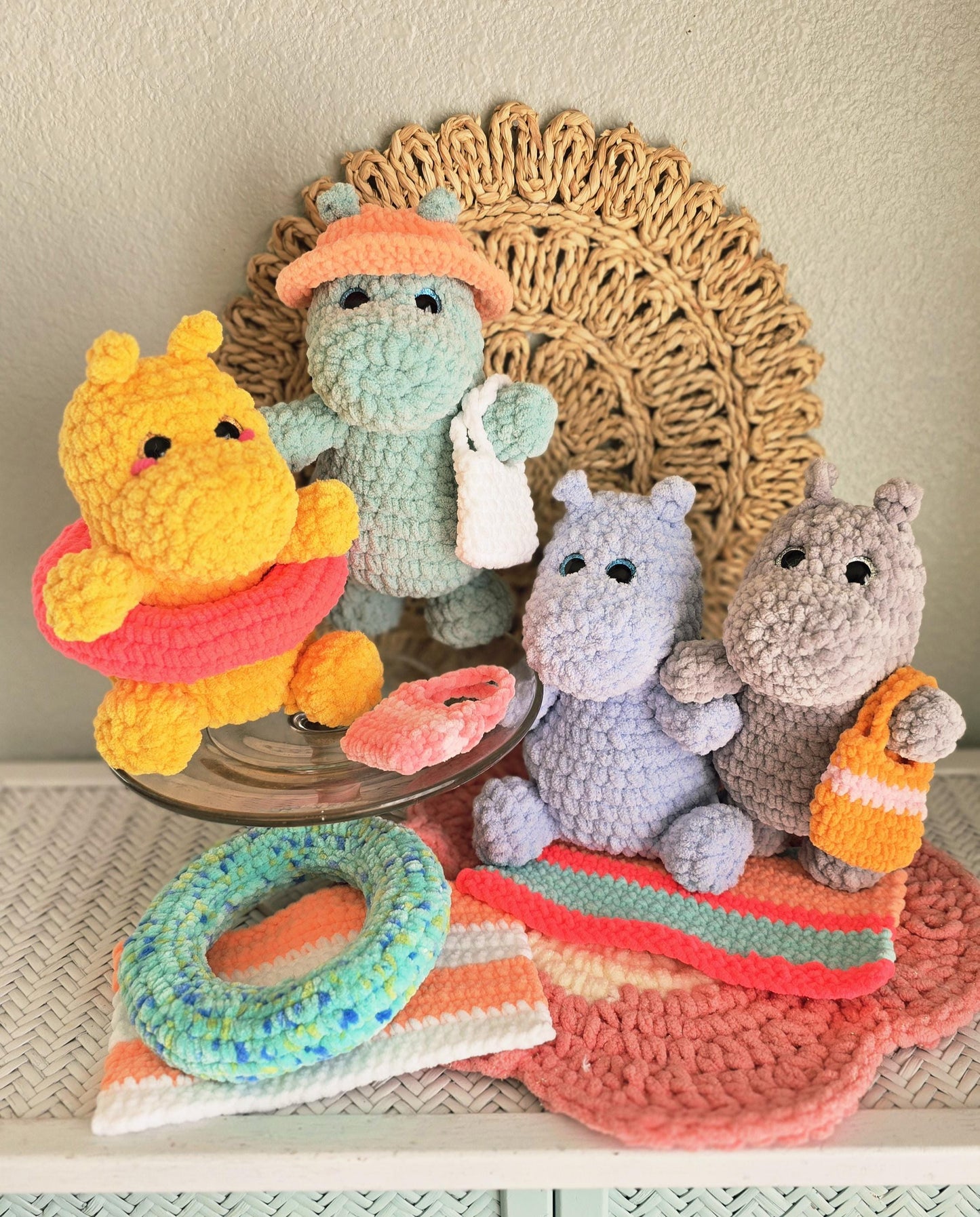 Hippo No Sew Crochet Pattern, Sitting Hippo and Standing Hippo Pattern, PDF, Instant download, Summer Accessories included, Amigurumi