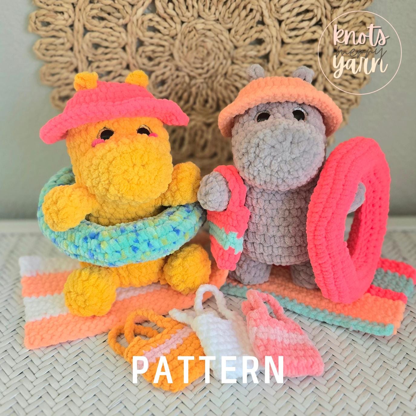 Hippo Crochet Pattern, No sew, Amigurumi, Summer Accessories, PDF Download, KnotsMerryYarn