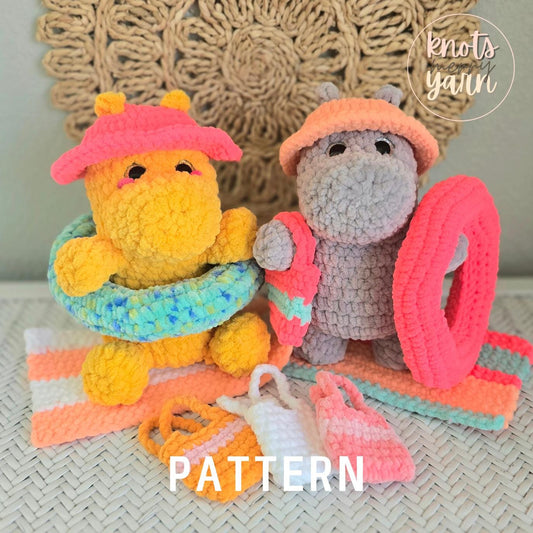 Hippo No Sew Crochet Pattern, Sitting Hippo and Standing Hippo Pattern, PDF, Instant download, Summer Accessories included, Amigurumi