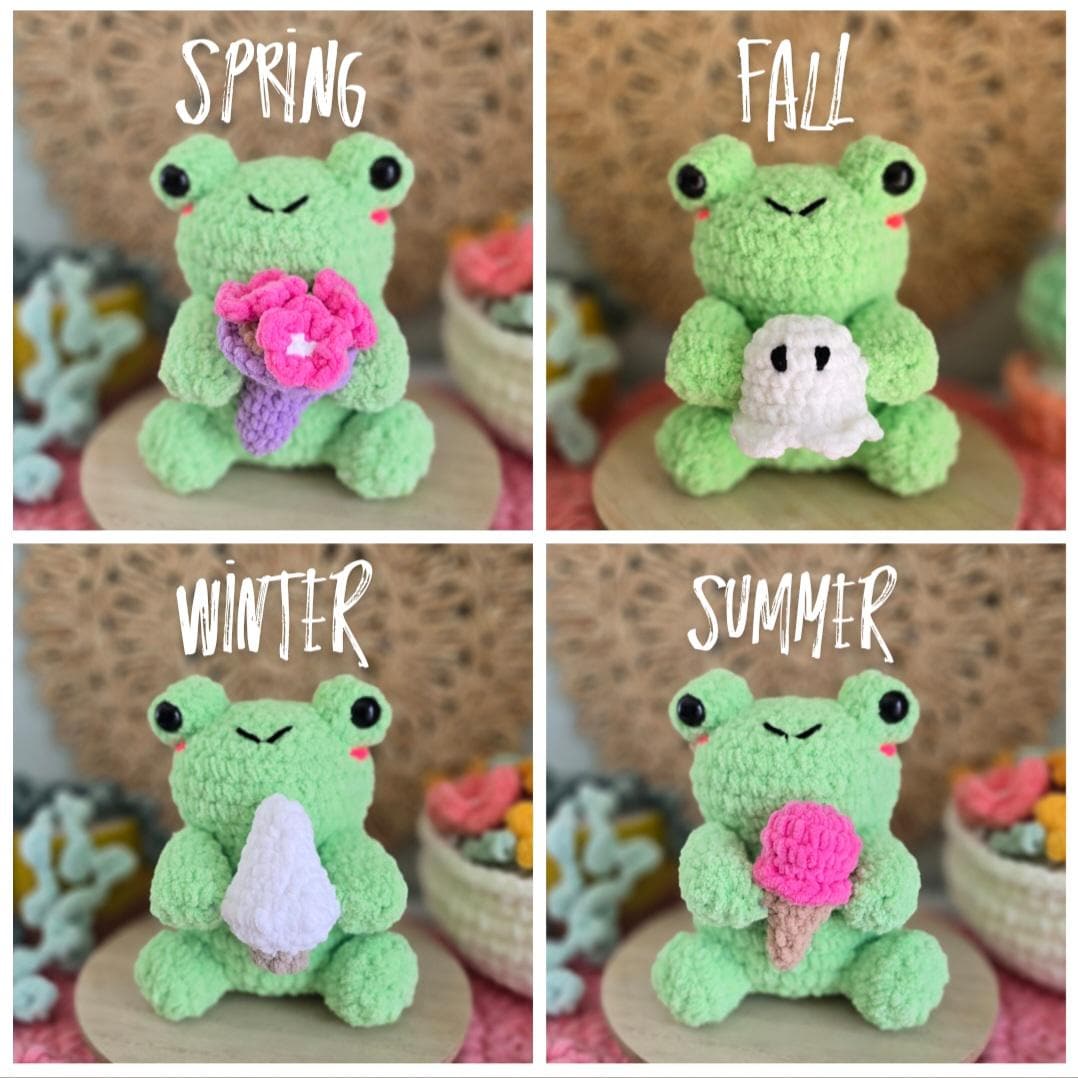 Frog No Sew Crochet Pattern, Sitting Frog Pattern, PDF, Instant download, The 4 Seasons Pack, Ghost, Christmas tree, Ice cream, and bouquet