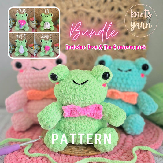 Frog No Sew Crochet Pattern, Sitting Frog Pattern, PDF, Instant download, The 4 Seasons Pack, Ghost, Christmas tree, Ice cream, and bouquet