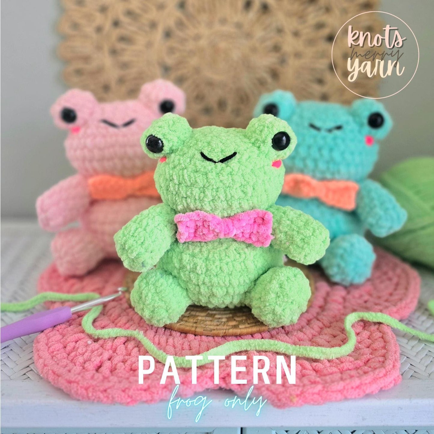 Frog Crochet Pattern, No Sew, Amigurumi Toad with Bow, PDF Download, KnotsMerryYarn
