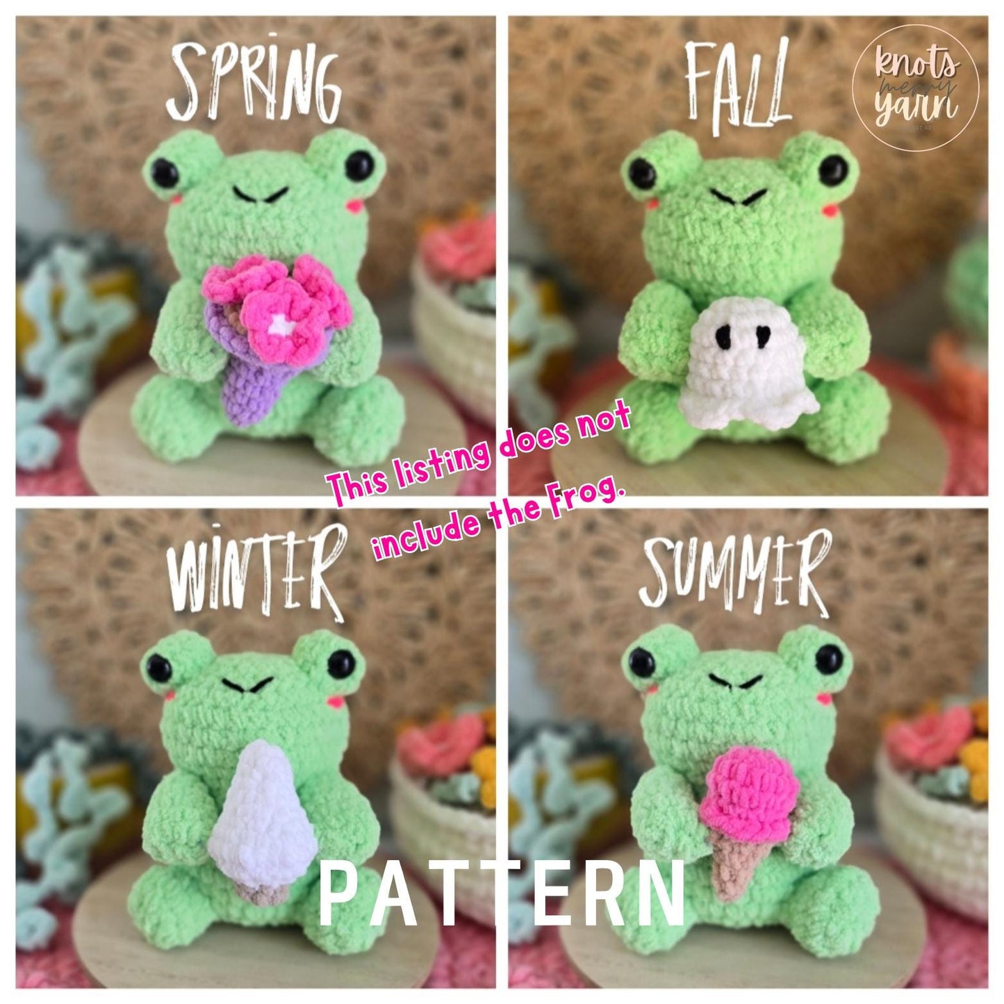 4 Seasons Crochet Pattern, Ghost, Tree, Ice Cream, Flowers, No Sew, PDF Download, KnotsMerryYarn