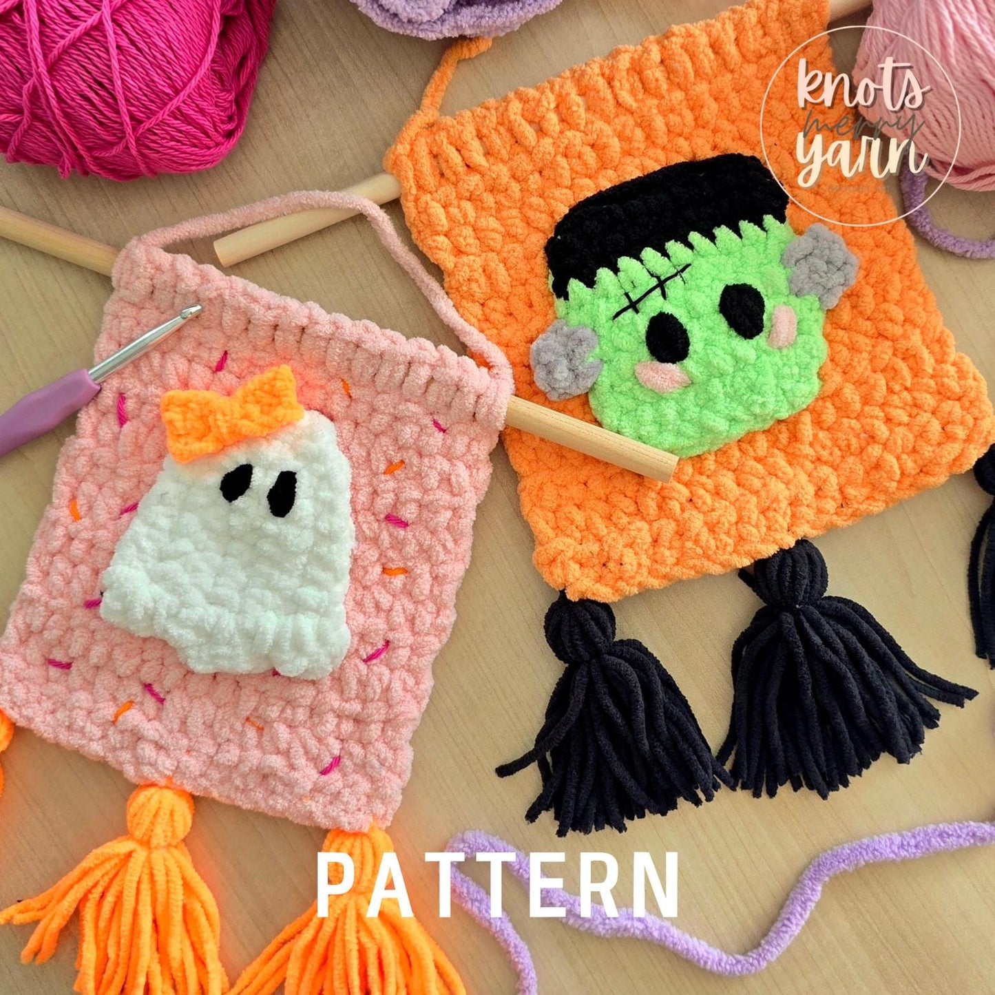 Halloween Tapestry Crochet Pattern, Frankenstein & Ghost Wall Hanging Decor, PDF Download, KnotsMerryyarn