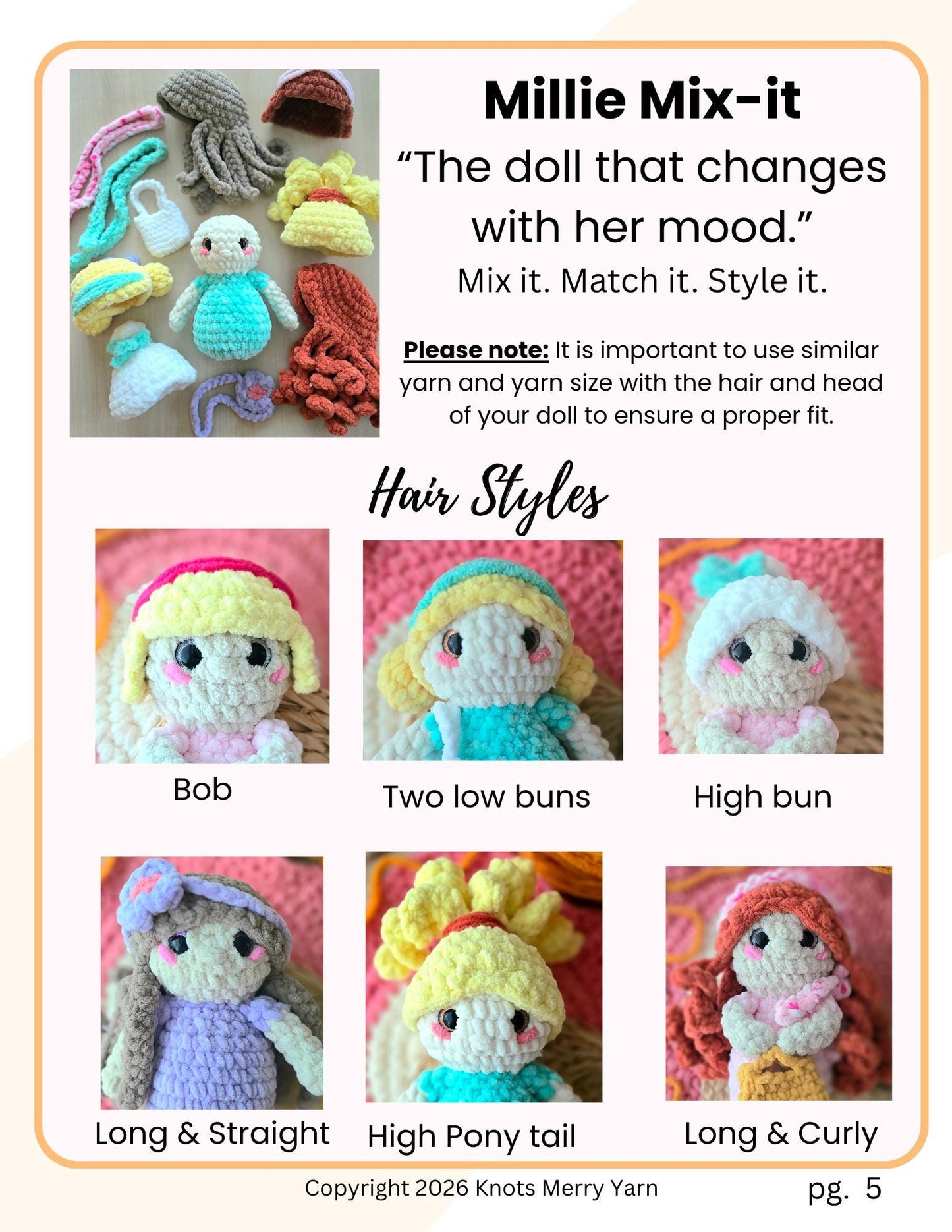 Easy Cute Crochet Doll Pattern, PDF, No Sew Toy with Interchangeable Hair & Accessories, Millie Mix-it, Instant download