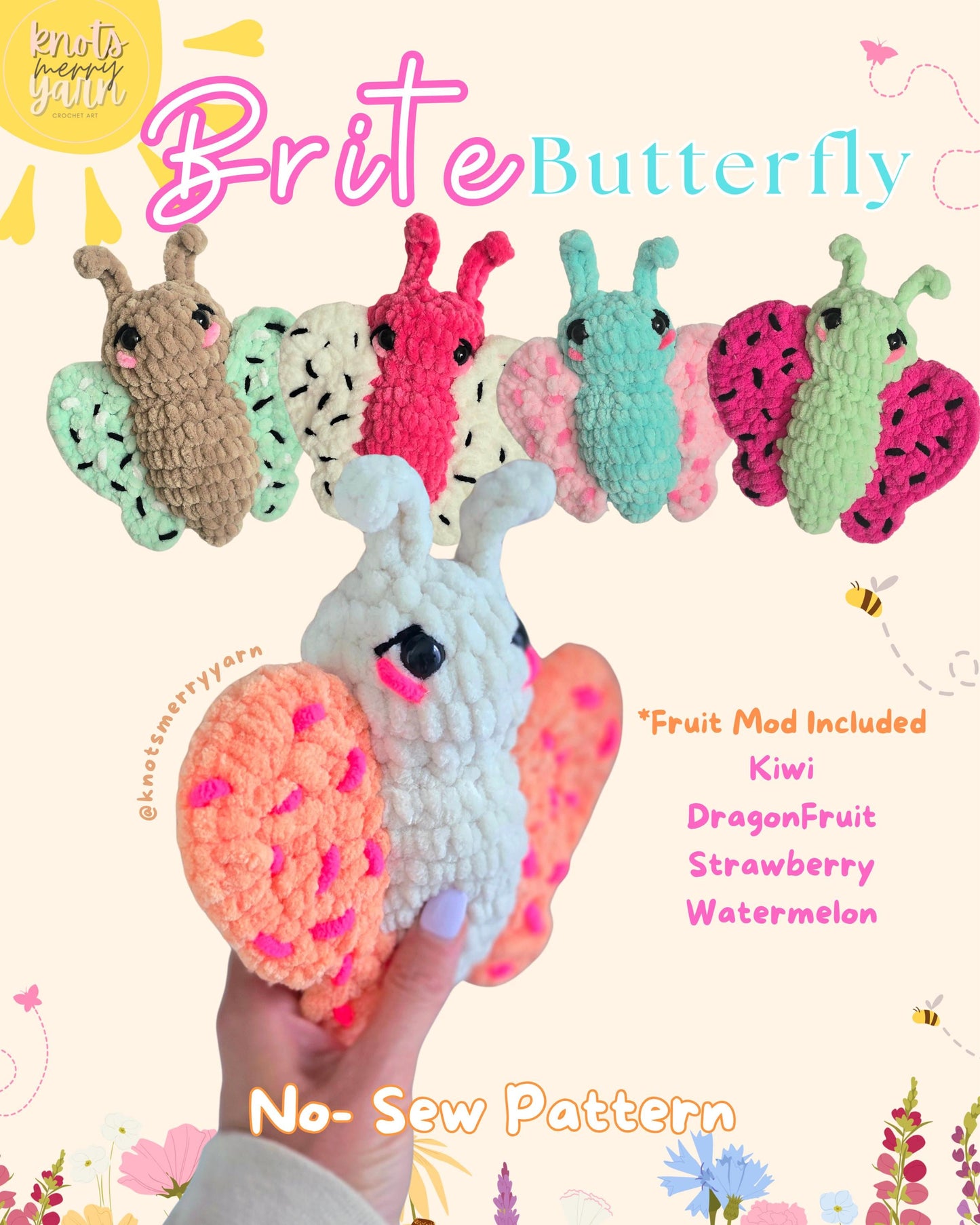 Butterfly Crochet Pattern, Butterfly Amigurumi, No Sew, Fruit Mod Included, Brite Butterfly
